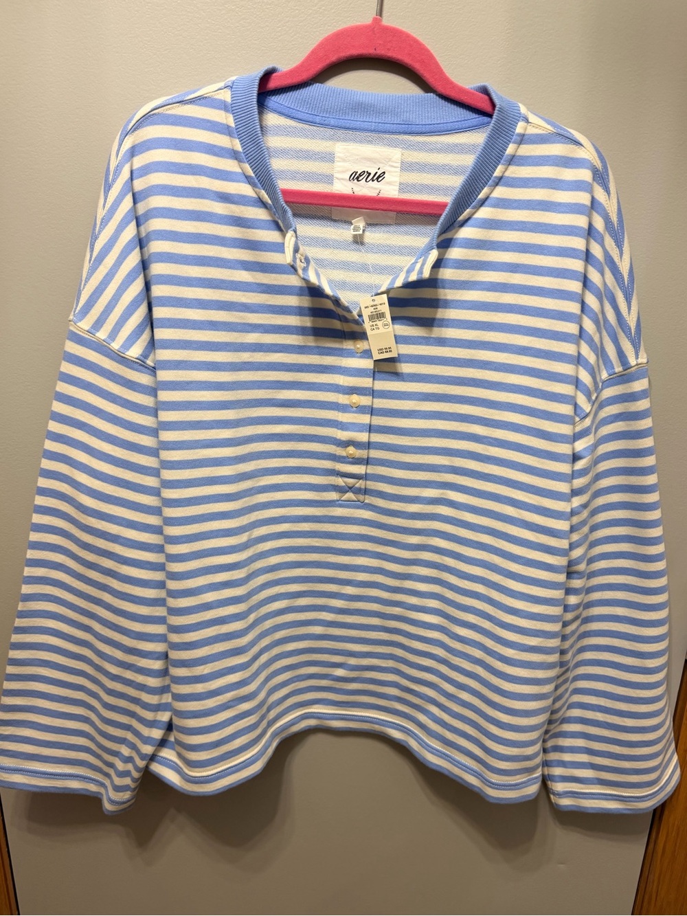 NWT Aerie Alumni Henley Oversized Sweatshirt - Horizon Sky Blue Stripe - Size XL